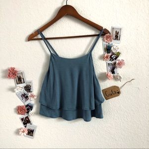 Blue Ruffle Flowy Open-Back Cropped Tank Top